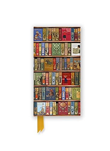 Slim journal with a cover depicting a crowded bookshelf of old books.