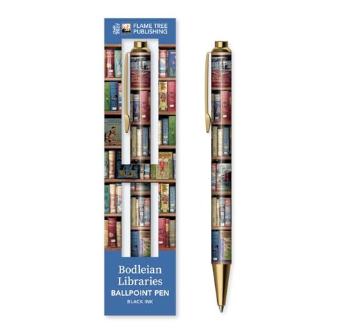 A ballpoint pen and its packaging, both featuring a bookshelf pattern with gold accents.