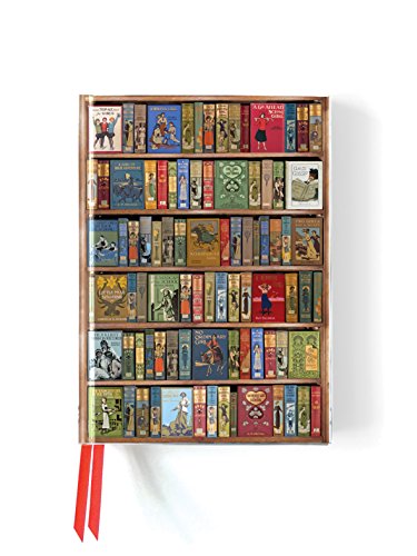 A notebook cover featuring a print of bookshelves filled with colorful vintage books.