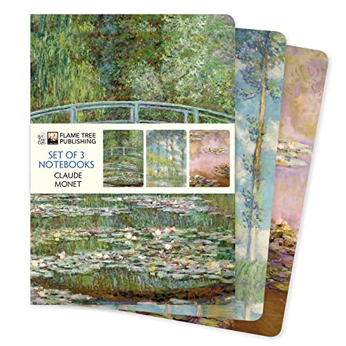 Three notebooks displaying Claude Monet's impressionist paintings of water lilies.