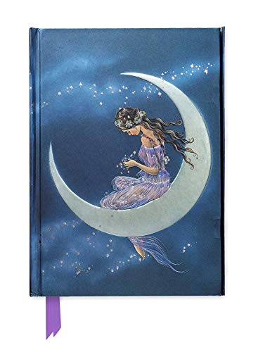 A woman in a purple dress sits on a crescent moon against a starry sky.