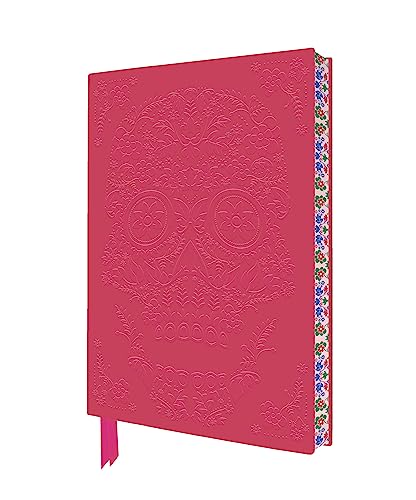 Red notebook with embossed floral sugar skull design and floral spine.
