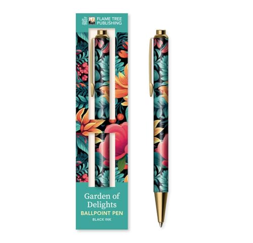 Floral patterned ballpoint pen in packaging, gold accents, black ink.