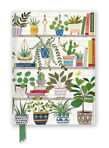 Illustrated journal cover with potted plants, books, and a green ribbon.