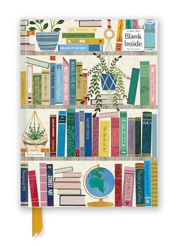 Journal cover with illustrated bookshelves, plants, and a globe.