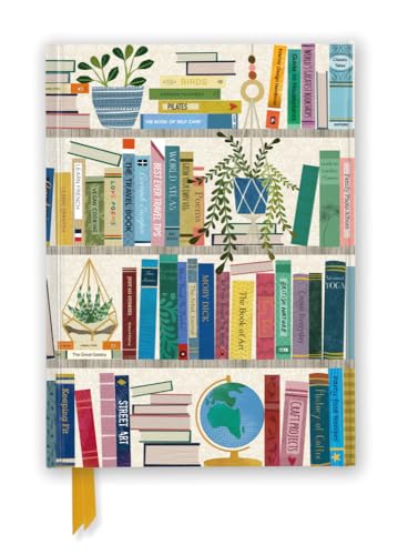 A journal cover illustration featuring colorful bookshelves, potted plants, and a globe.