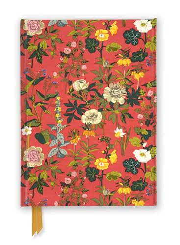 A journal cover featuring a vibrant red background with a repeating floral pattern.