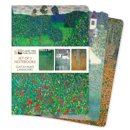 Three notebooks with Klimt landscape paintings, stacked and banded together.