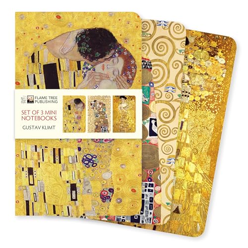 Three gold-toned mini notebooks featuring artwork by Gustav Klimt.