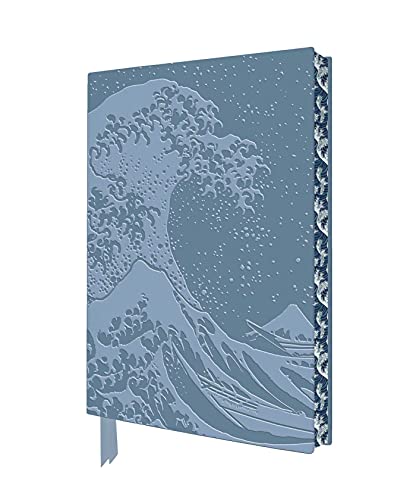 Blue notebook featuring an embossed Great Wave off Kanagawa design with a patterned spine.