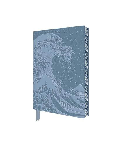 Blue pocket notebook featuring an embossed Great Wave off Kanagawa design with ribbon marker.