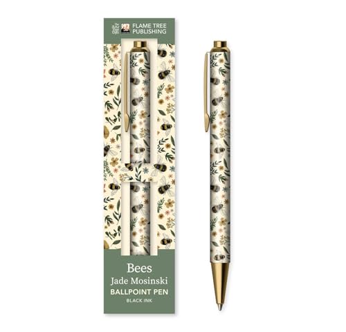 Bee-patterned gold pen in box, with floral and insect details.