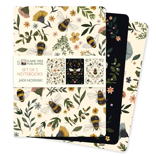 Three notebooks with floral and bee designs, stacked against white background.