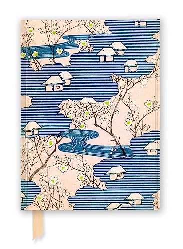 Journal cover with Japanese woodblock print of cottages, rivers, and blossoms.