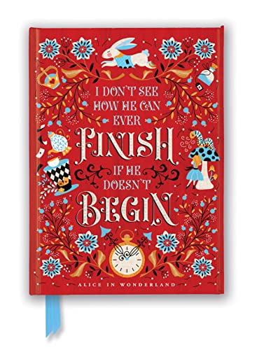Red journal cover with ornate Alice in Wonderland illustration and quote.