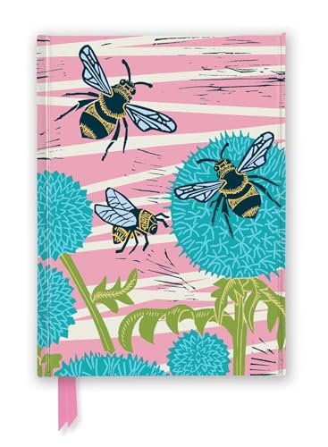 Journal cover with illustrated bees and blue-green dandelion-like flowers.