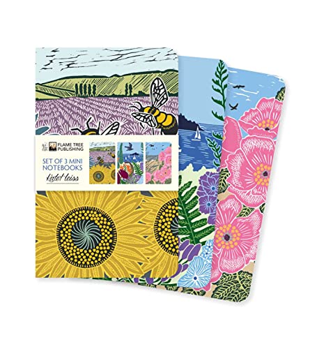 Three mini notebooks featuring colorful nature-themed illustrations of sunflowers, a coastal scene, and flowers.