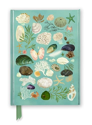 A journal cover with a teal background featuring various illustrated seashells, coral, and seaweed.