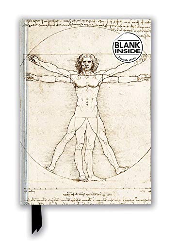 Vitruvian Man drawing on a blank journal with a black ribbon bookmark.