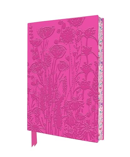 Bright pink notebook with embossed floral pattern and a patterned spine.