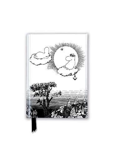 White pocket journal with black and white Moomin illustration of characters on clouds.