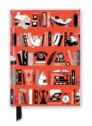 Orange journal cover featuring Moomin characters, books, and objects on shelves in black ink.