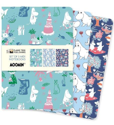 Three small Moomin-themed notebooks with patterned covers stacked together.