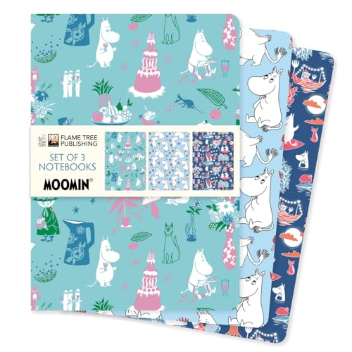 Three Moomin-themed notebooks stacked, displaying colorful patterned covers.