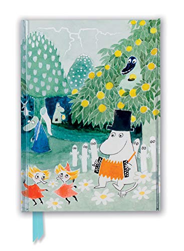 Moomin characters in a green, illustrated landscape on a journal cover.