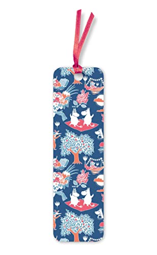 Moomin characters and floral patterns on a navy blue bookmark.