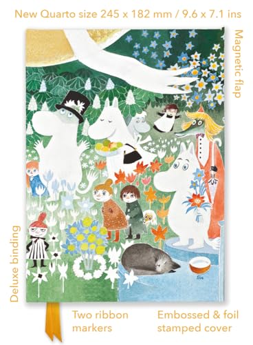 A Moomin journal cover featuring various Moomin characters in a colorful, illustrated garden scene.