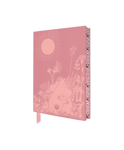 Pink Moomin pocket notebook featuring an embossed illustration of Moomins hugging in a garden.