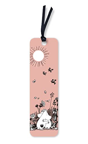 Pink bookmark with a black ribbon, featuring Moomin characters hugging among flowers and butterflies.