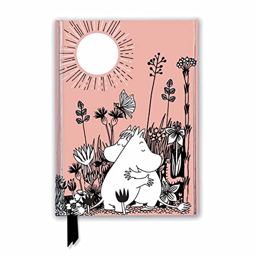 Moomin characters embracing amidst flowers and a radiant sun on a journal.