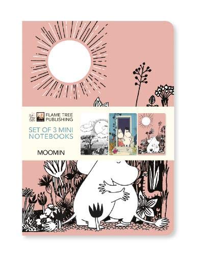 A set of three pink Moomin-themed mini notebooks featuring line art illustrations of characters.