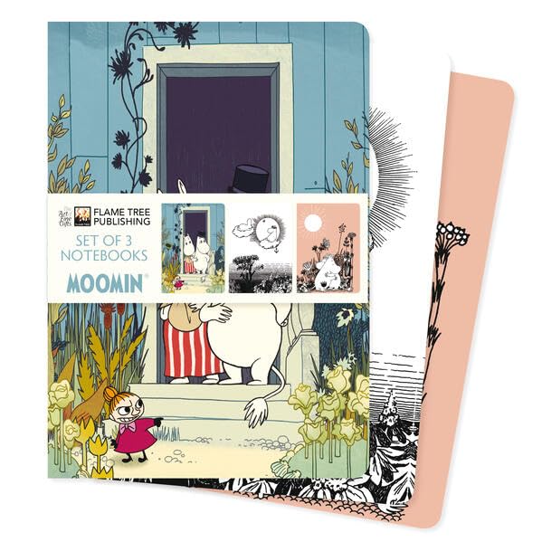 A set of three Moomin-themed notebooks with illustrated covers featuring Moomin characters.