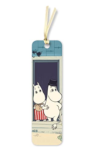 A Moomin bookmark featuring Moomin and Snorkmaiden standing in a doorway with a ribbon.
