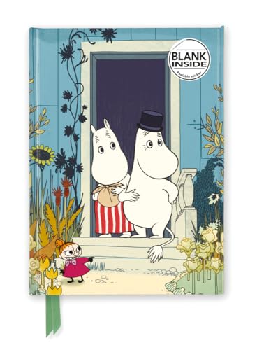 Moomin characters stand by a blue doorway with floral surroundings.