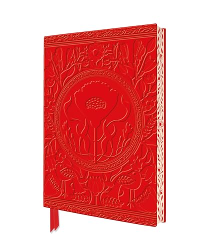 Red notebook with embossed floral and bird patterns and a central circular design.
