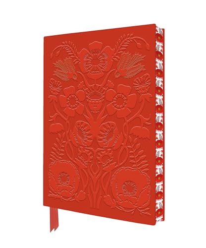 A red journal with an embossed floral pattern and a decorative patterned spine.
