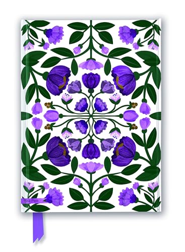 Journal cover with symmetrical purple floral design on white background.