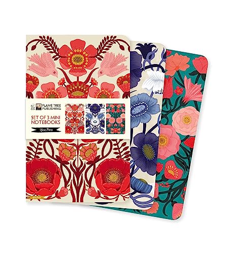 Three mini notebooks featuring vibrant floral and bird patterns in red, blue, and green.