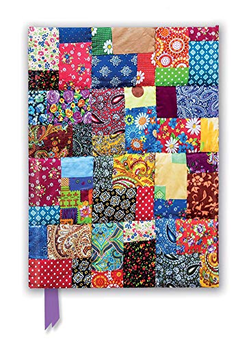 Colorful patchwork quilt-patterned journal with a purple ribbon bookmark.