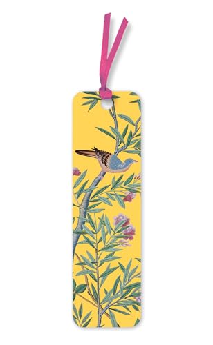 Yellow bookmark with a painted bird perched on a flowering branch.