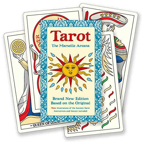 Tarot card pack with illustrated cards featuring sun and figures.