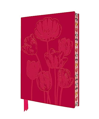 Red notebook with embossed tulip illustrations and gilded page edges.