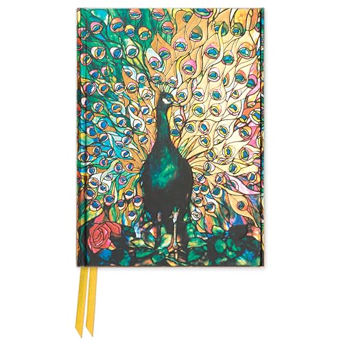 Journal cover with a stained-glass style peacock and red ribbon.