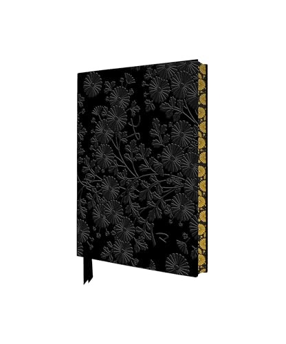 Black notebook with gold-edged pages and a repeating chrysanthemum pattern.