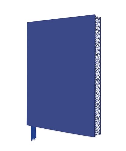 Navy blue hardcover notebook with a patterned spine and a matching ribbon bookmark.