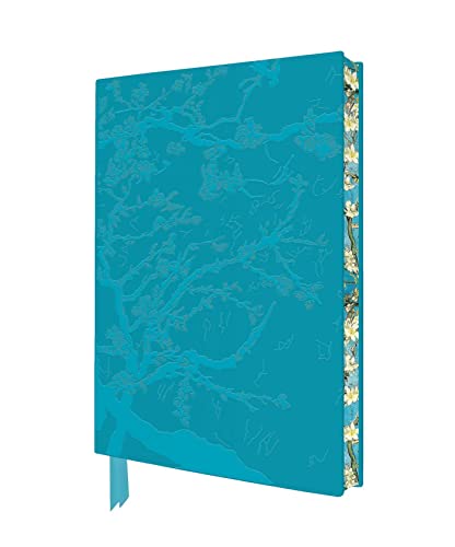 Teal notebook with embossed almond blossom design and a floral patterned spine.